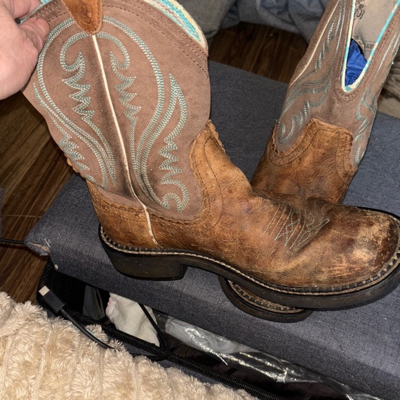 Brown Western Cowboy Boots with Turquoise Stitching - Picture 2 of 6